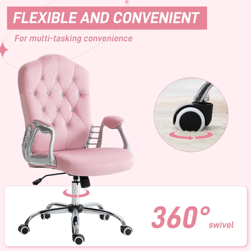 Vinsetto Velvet Office Chair Desk Chair with 360 Degree Swivel Wheels Adjustable Height Tilt Function Pink