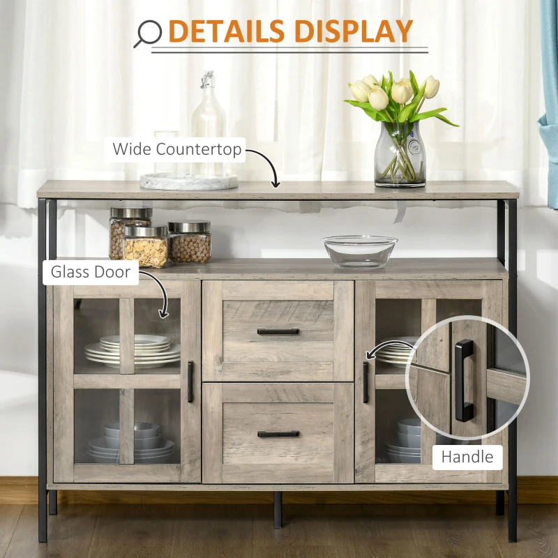 HOMCOM Industrial Sideboard Buffet Cabinet, Coffee Bar Cabinet with Adjustable Shelves, Glass Doors, and 2 Drawers for Kitchen, Living Room, Gray