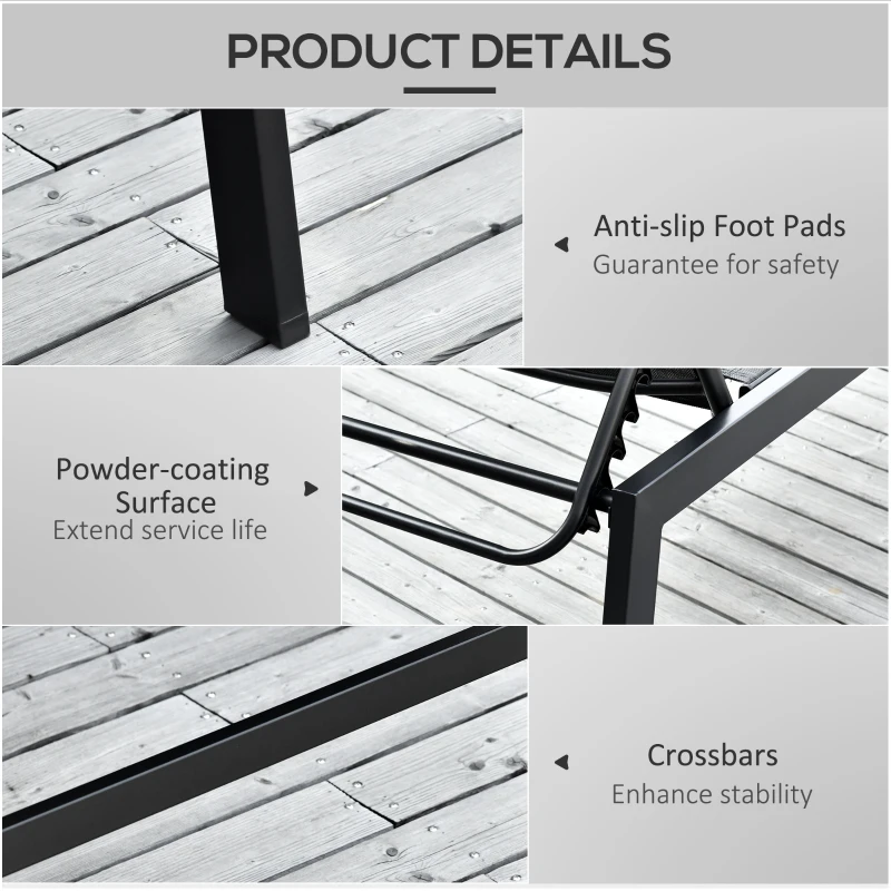 Outsunny Outdoor Chaise Lounge with Wheels, Five Position Recliner for Sunbathing, Suntanning, Steel Frame, Breathable Fabric for Beach, Yard, Patio, Black