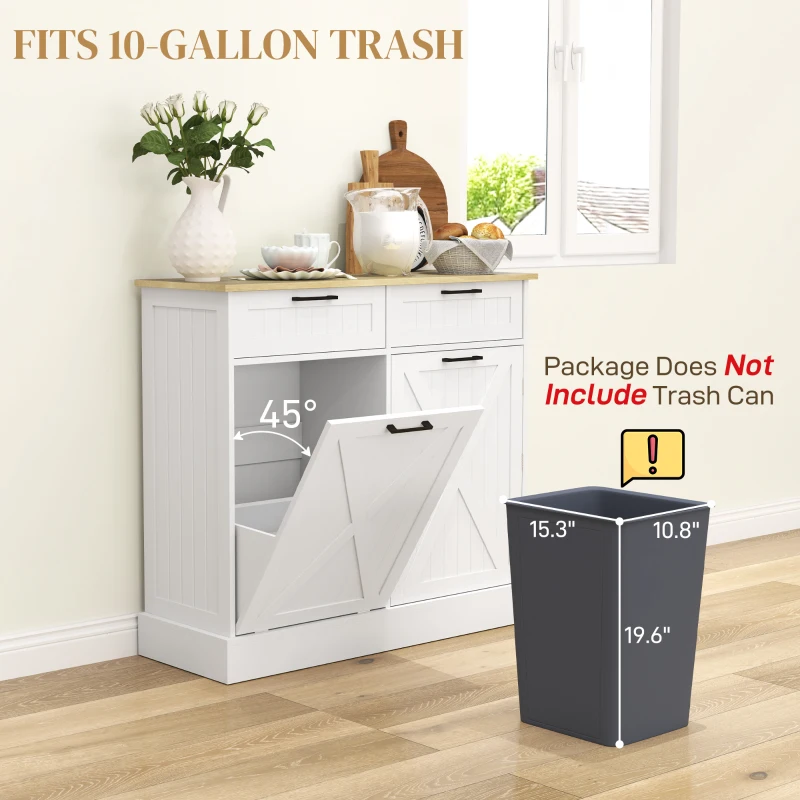 HOMCOM 10 Gallon Farmhouse Kitchen Cabinet with Hidden Trash Can and 2 Drawers, Tilt Out Trash Can Cabinet for Kitchen, White