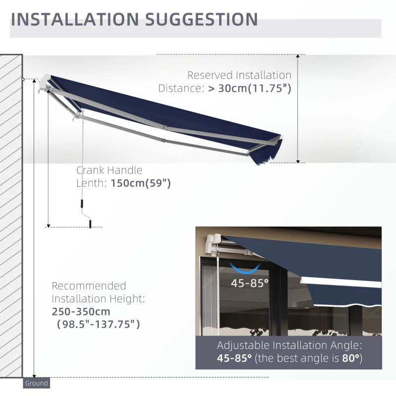 Outsunny 10' x 8' Manual Retractable Awning, Sun Shade Shelter Canopy, with Aluminum Frame and UV Protection for Patio Deck Yard Window Door, Blue