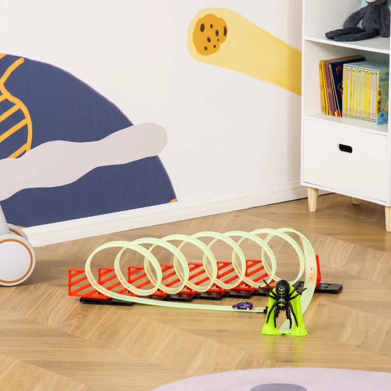 Qaba Track Builder Loop Kit Criss-Cross Glowing Race Track Toy Set Spooky Spider Fun Starter Kit, with Pull-back Car for Kids 3-6 years old, Lime Green