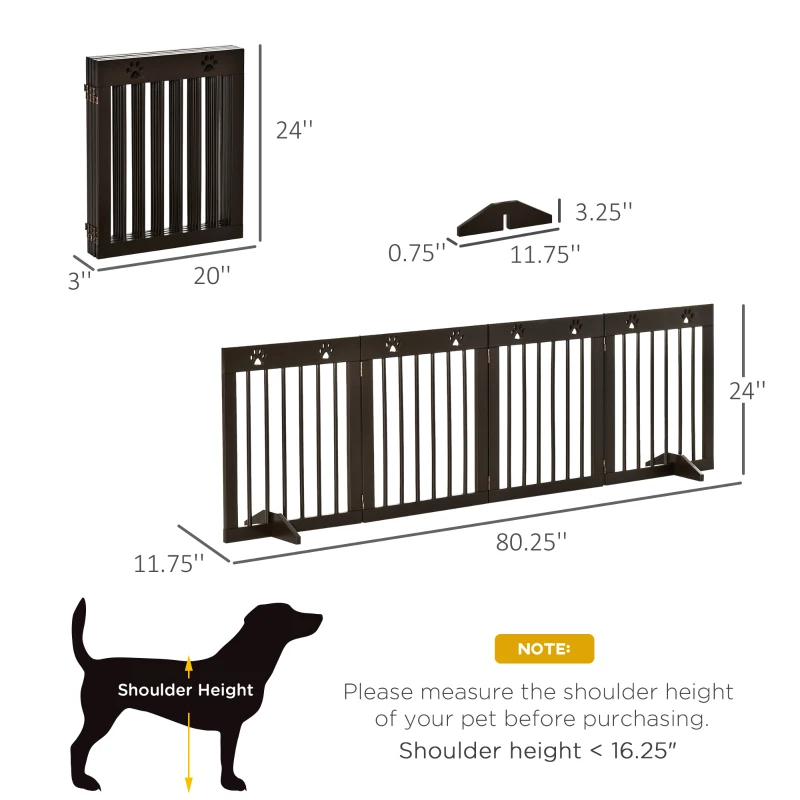 PawHut Freestanding Pet Gate with Two-Direction Hinges, Removable Feet, Foldable Wooden Dog Fence with Paw Carved, 24" x 20", Espresso Brown