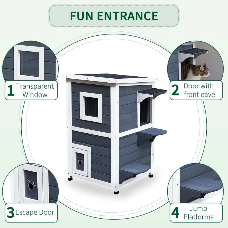 PawHut Outdoor Cat House with Escape Door, Weatherproof 2-Story Wooden Feral Cat Shelter with Opening Asphalt Roof, Dark Gray