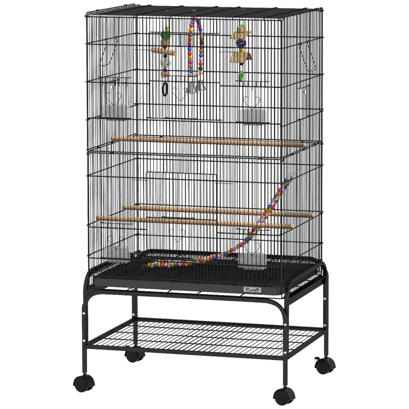 PawHut 43" Bird Cage with Rolling Stand, Toys, for Budgies Canaries Black