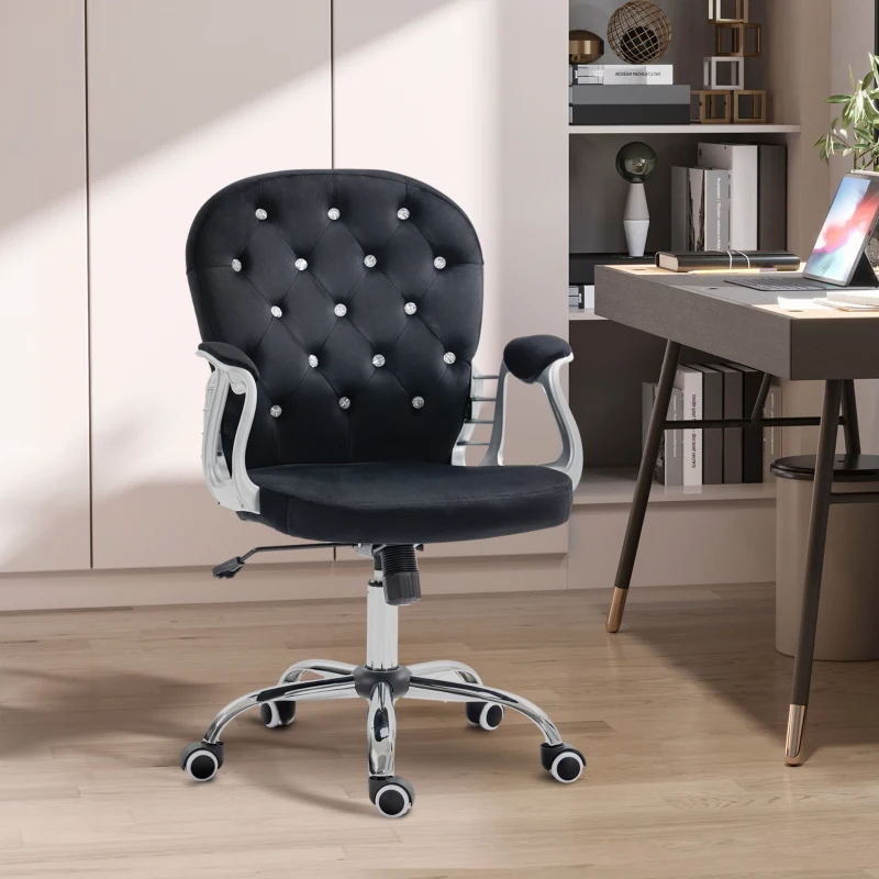 Vinsetto Button Tufted Desk Chair, Home Office Chair with Padded Armrests, Adjustable Height and Swivel Wheels, Black