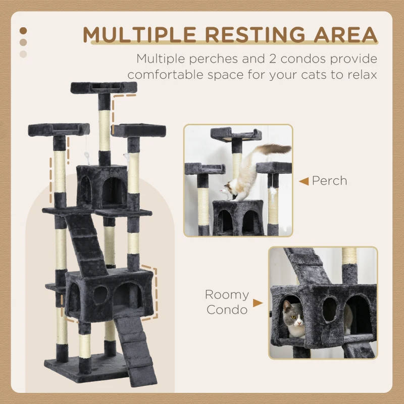 PawHut 68-inch Multi-Level Cat Scratching Tree Kitty Activity Center Post Tower Condo Pet Furniture w/ Toy Charcoal Grey