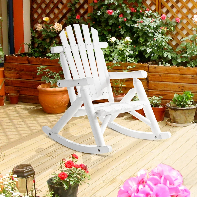 Outsunny Outdoor Wooden Rocking Chair, Single-Person Adirondack Rocking Patio Chair with Rustic High Back, Slatted Seat and Backrest for Indoor, Backyard, Garden, White