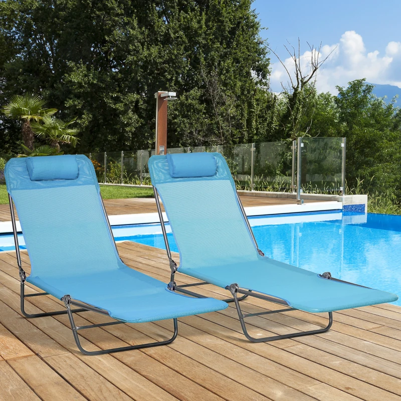 Outsunny Set of 2 Folding Chaise Lounge Chairs, Outdoor Poolside Sun Tanning Chairs w/ Pillow, Reclining Backrest, Blue