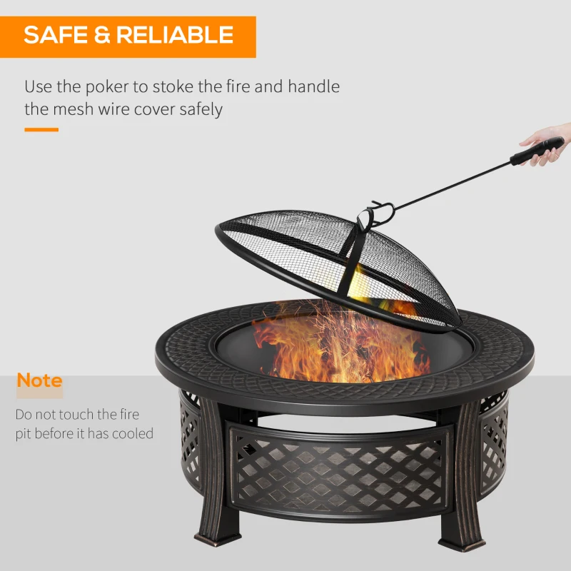 Outsunny Outdoor Fire Pit, Firepit with Grill Net, Mesh Lid, Poker, for Camping, Bonfire, Picnic, Bronze