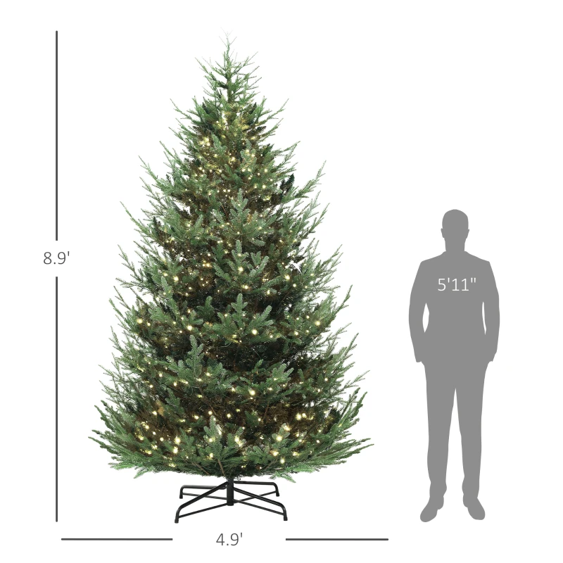 HOMCOM 9 ft Artificial Christmas Tree, Prelit Christmas Tree with 300 LED Lights, 1939 Branch Tips and Wide Metal Base, Green