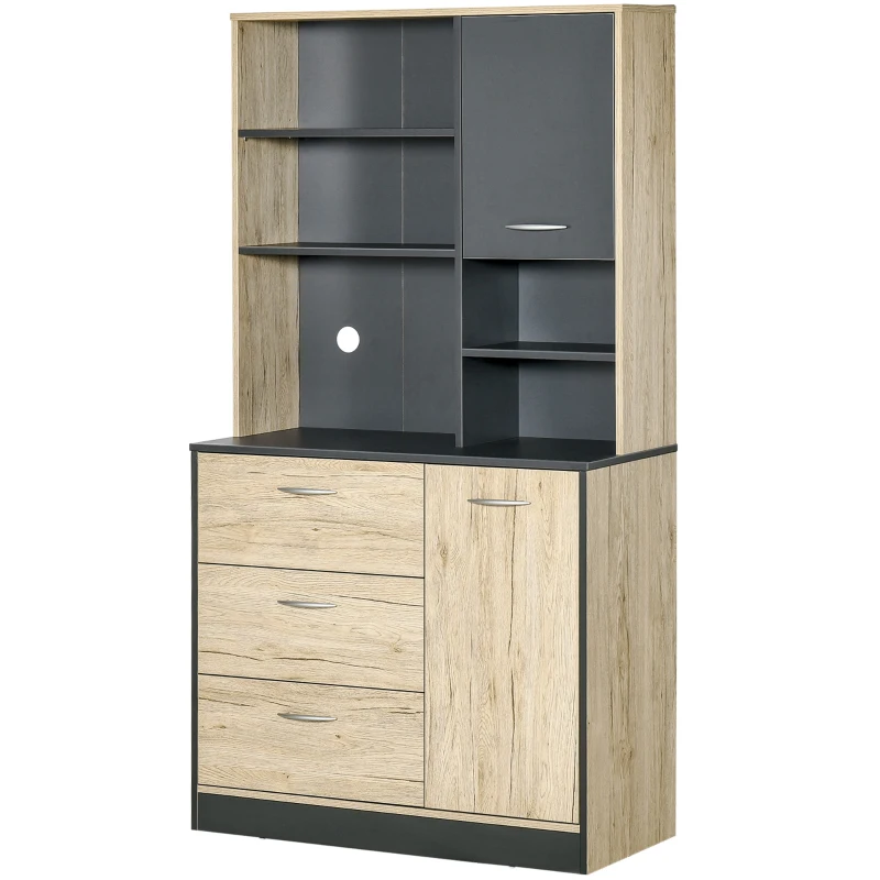 HOMCOM 67" Freestanding Buffet with Hutch, Kitchen Pantry Storage Cabinet with 3 Drawers, Cable Management, 4 Cubes, 2 Cabinets, Oak