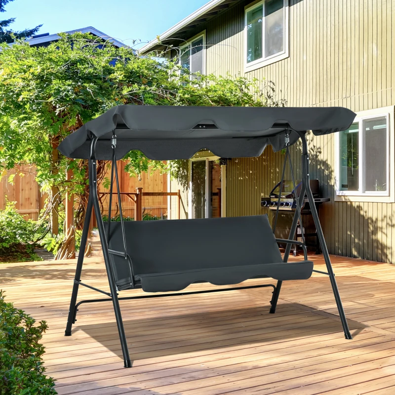 Outsunny 3-Seat Outdoor Patio Swing Chair with Removable Cushion, Steel Frame Stand and Adjustable Tilt Canopy for Patio, Garden, Poolside, Balcony, Backyard, Gray