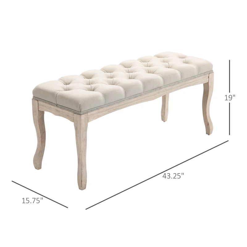 HOMCOM 43" Upholstered Entryway Bench, Linen Fabric Ottoman Stool with Button Tufted Seat, and Rubber Wood Legs for Living Room, Bedroom, or Hallway, Beige
