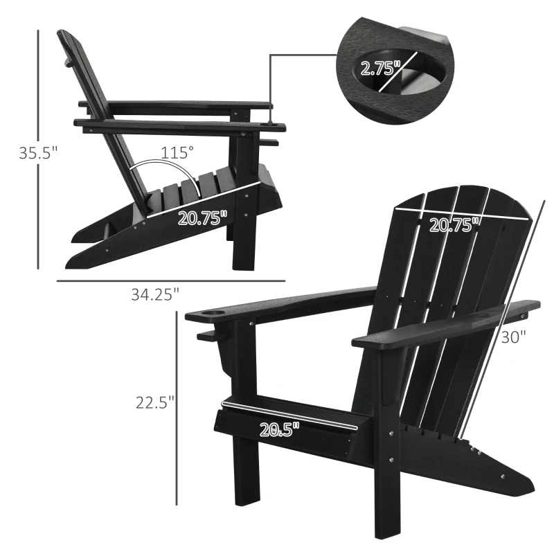 Outsunny Adirondack Chair with Cup Holder, All Weather Patio Chair HDPE Lounger, Fire Pit Seating High Back and Wide Seat for Outdoor, Backyard, Garden, Deck, Lawn, Black