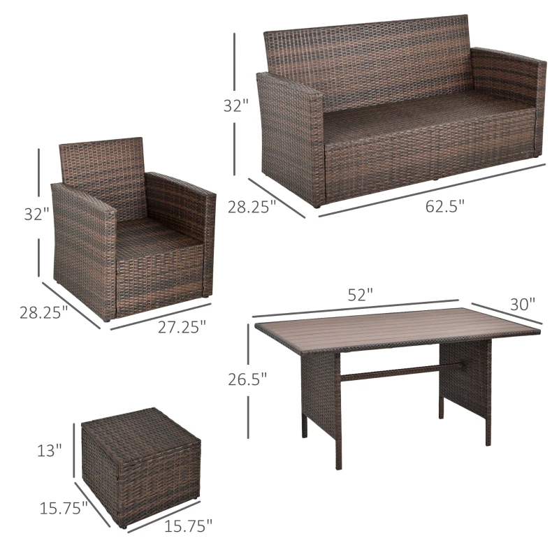 Outsunny Patio Dining Set, PE Rattan Furniture w/ 2 Chairs, Cushions & 3-Seat Sofa, Woodgrain Slatted Dinner Table, Beige