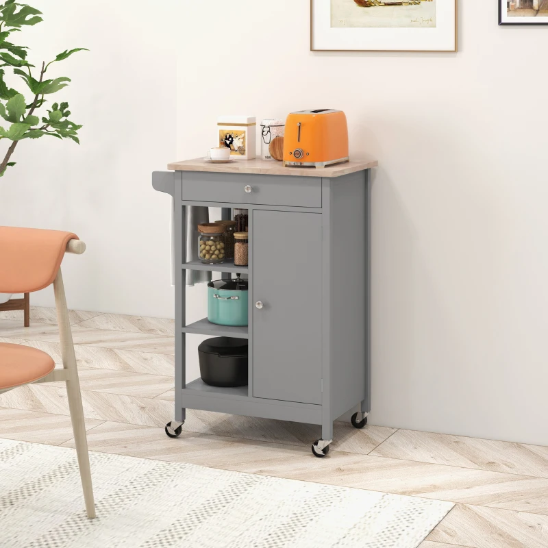 HOMCOM Modern Rolling Kitchen Island Cart with Drawer, Natural Wood Top, Towel Rack, Door Storage Cabinet, Grey