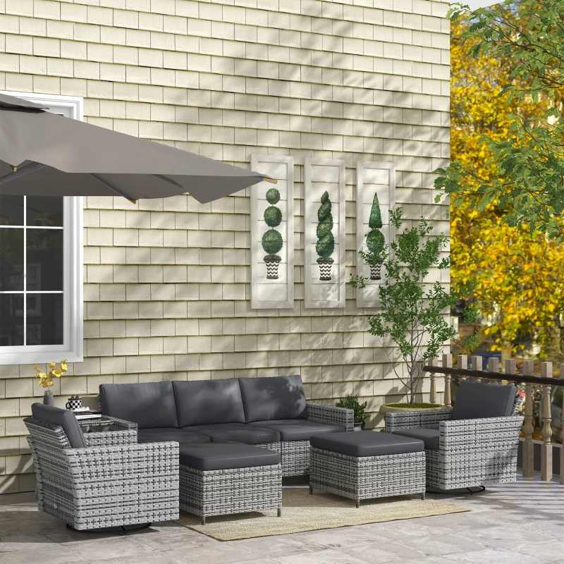 Outsunny 6-Piece Rattan Patio Furniture Set with 3-Seater Sofa, Swivel Rocking Chairs, Footstools, 2 Tier Table, Mixed Gray