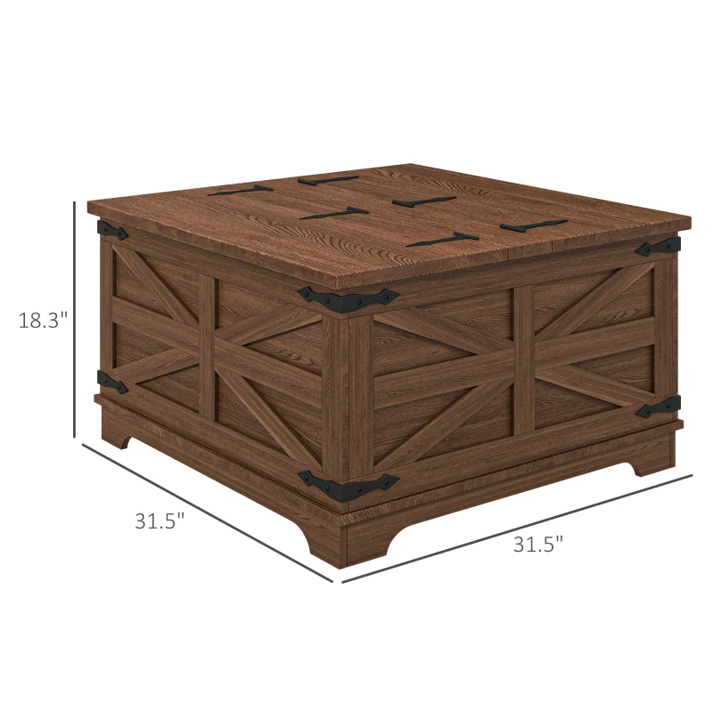 HOMCOM Farmhouse Coffee Table, Square Center Table with Flip-top Lids, Hidden Storage Compartment, Distressed Brown