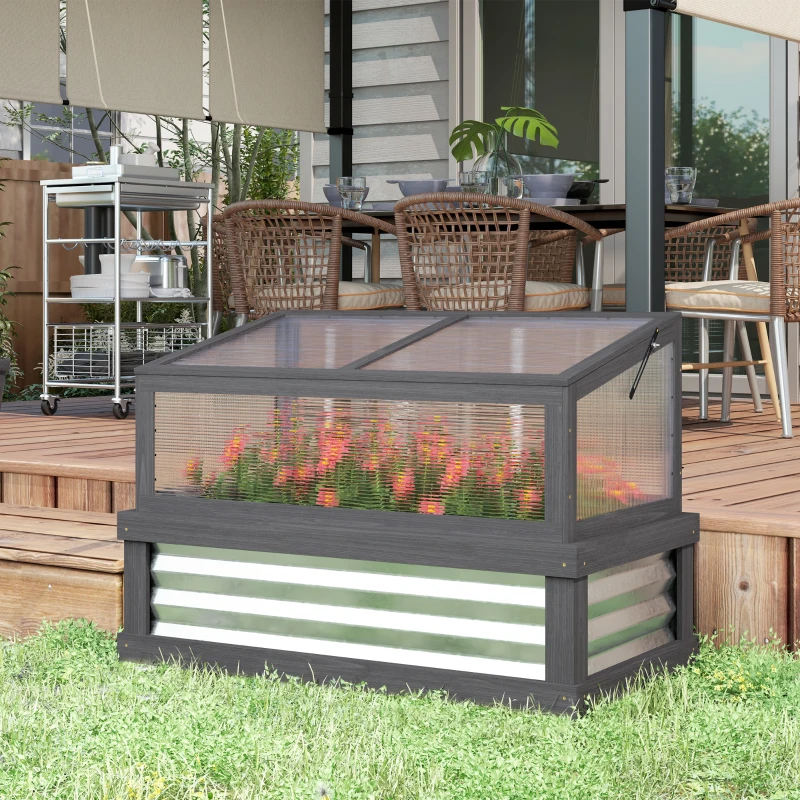 Outsunny Raised Garden Flower Bed Kit with Lean-to Greenhouse, Wooden Cold Frame Planter, 41" x 22.5" x 28.25", Gray