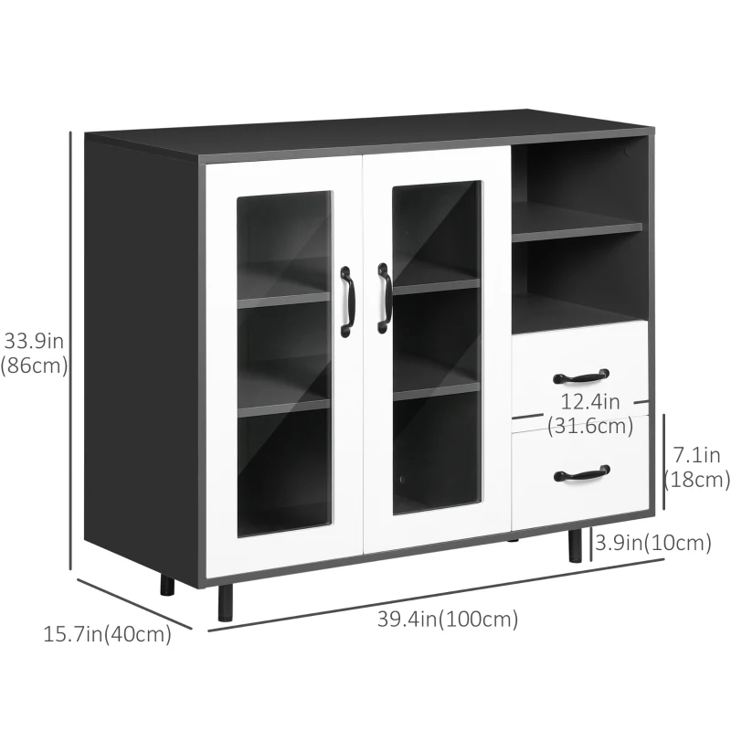 HOMCOM Kitchen Buffet Cabinet, Storage Sideboard with Glass Doors Cupboard, 2 Drawers and 2 Open Shelves, Charcoal Grey