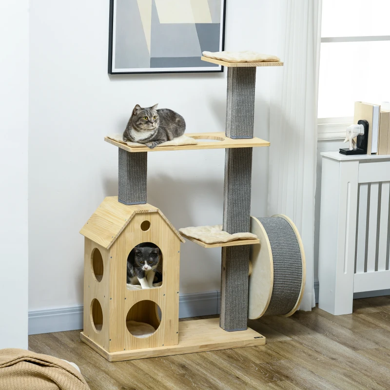 PawHut Cat Tree for Indoor Cats with Scratching Posts, Double-Layer House, 32" x 16" x 53", Natural