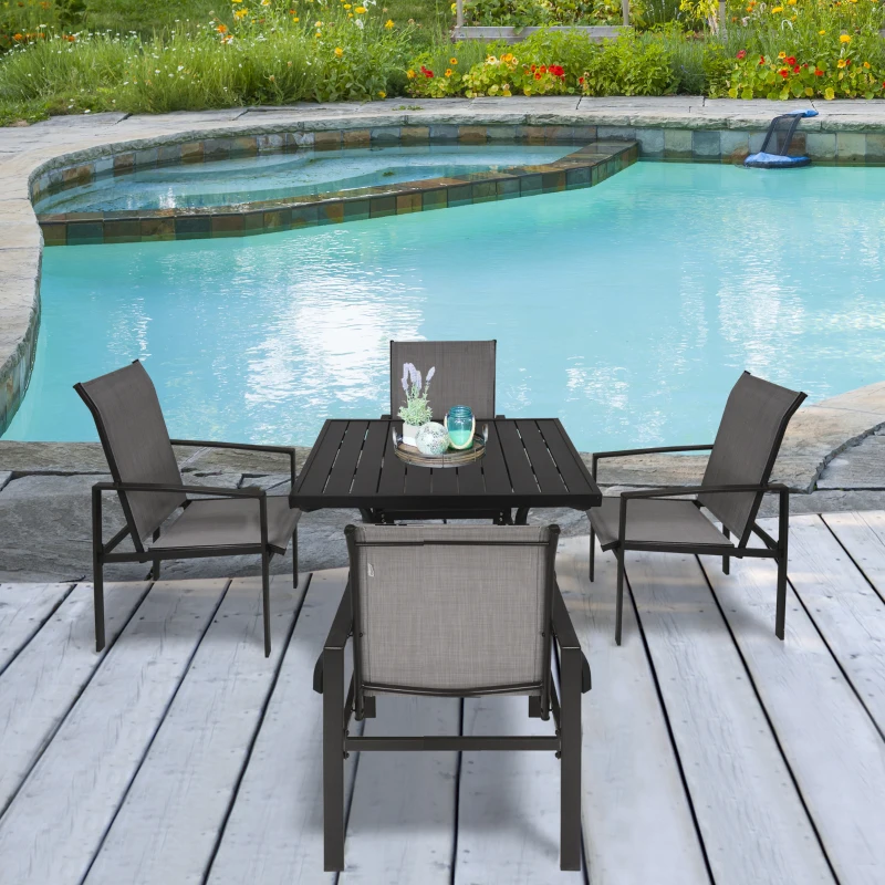 Outsunny 5pc Patio Garden Table Set Outdoor Furniture Dining Set w/ Metal Slat Finish and 1.75" Umbrella Hole for Backyard Porch, Grey