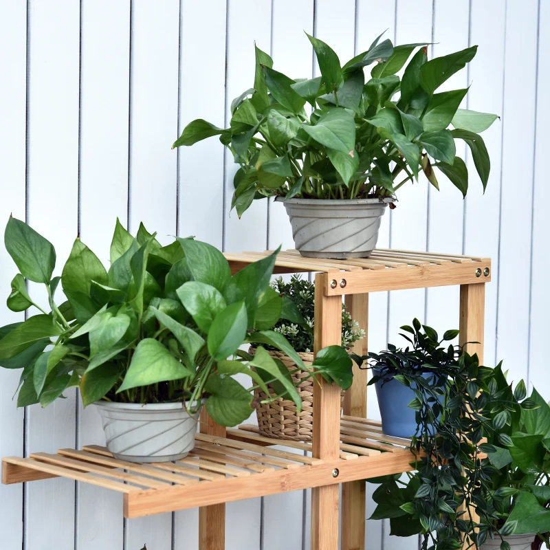 HOMCOM Bamboo Plant Stand, Flower Shelf, Utility Shelving Standing Unit, 6 Tier Display Rack Storage Organizer for Living Room Balcony Hallway Bathroom, Natural