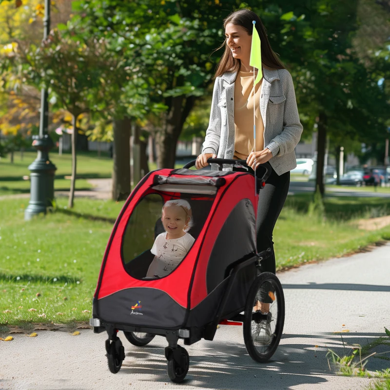 Aosom Bike Trailer for Kids 3 In1 Foldable Child Jogger Stroller Baby Stroller Transport Carrier with Shock Absorber System Rubber Tires Adjustable Handlebar Kid Bicycle Trailer Red and Grey