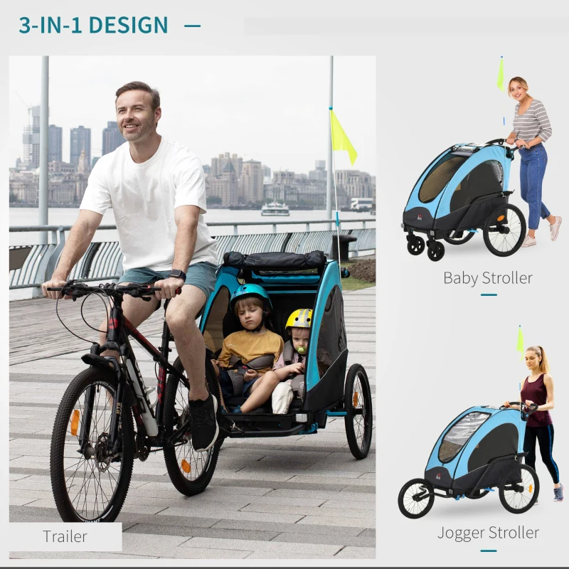 Aosom Child Bike Trailer 3 In1 Foldable Jogger 2-Seater Pushcar Transport Buggy Carrier with Shock Absorber System Rubber Tires Adjustable Handlebar Kid Bicycle Trailer Blue