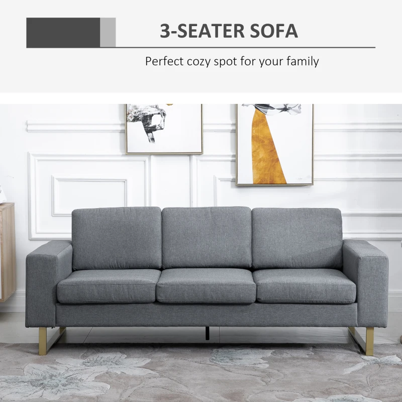 HOMCOM 3 Seater Sofa, Linen Upholstered Cozy Padded Couch with Steel Leg, Backrest and Wide Armrest, for Living room, Bedroom, Dark Grey