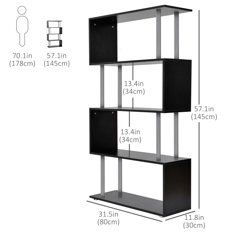 HOMCOM 5-Tiers Geometric Wooden Bookcase S-Shaped Storage Bookshelf Display with Metal Frame for Living Room, Bedroom, Home Office, Black