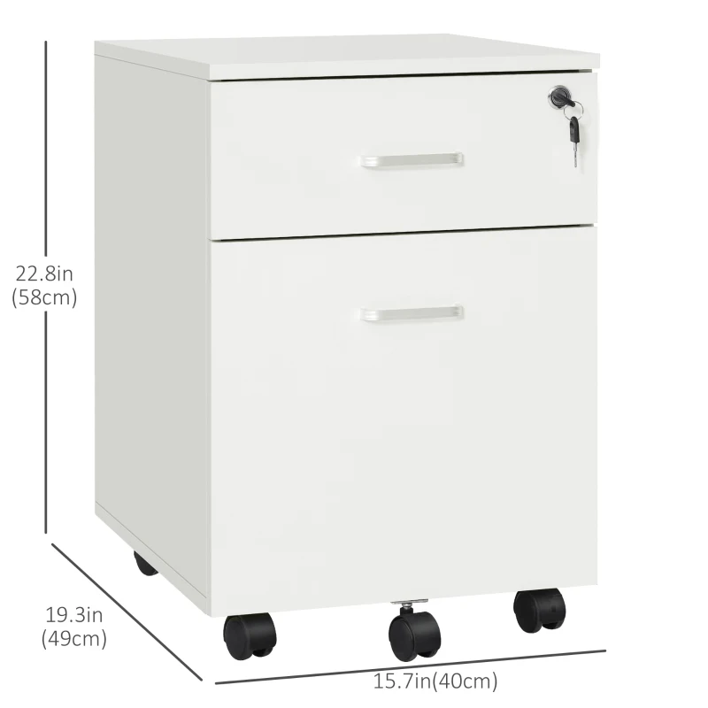 Vinsetto 2 Drawer File Cabinet with Lock and Keys, Mobile Vertical Filing Cabinet with Wheels and Drawers, Home Office Cabinet, White