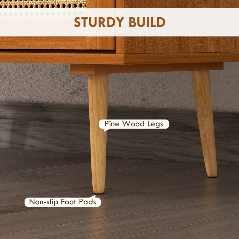 HOMCOM Kitchen Storage Cabinet, Garage Cabinets with 3 Rattan Doors and Adjustable Shelf, Boho Accent Cabinet for Living Room