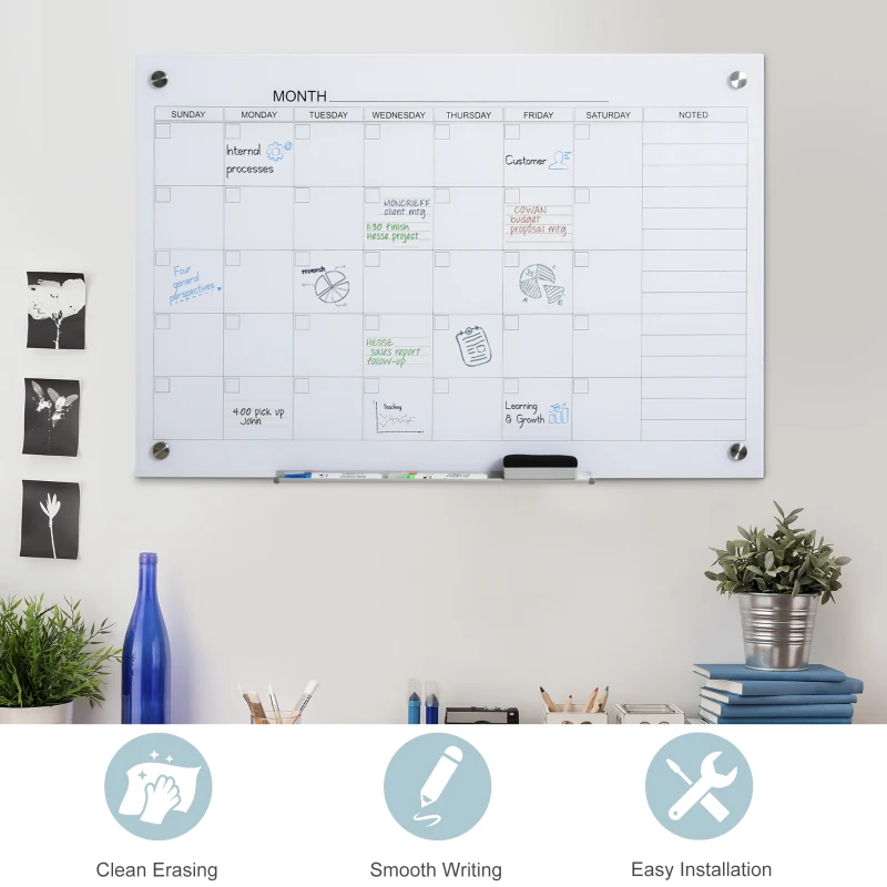 Vinsetto 35"x23" Dry Erase Wall Calendar Glass Whiteboard Monthly Planner for Homeschool Supplies & Home Office Organization with 4 Markers and 1 Eraser,Frameless