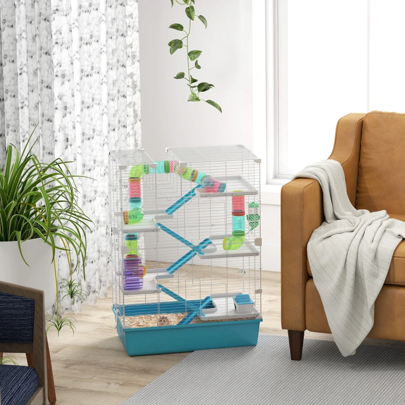 PawHut 6 Tier Hamster Cage with Tubes and Tunnels, Hut, Wheel, Food Dish, Water Bottle, Ramps, for Dwarf & Gerbil, Light Blue