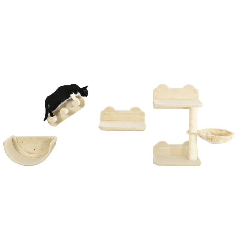 PawHut Cat Wall Shelves, 3PCs Cat Shelves with Hammock, Scratching Post, 3 Steps, Jumping Platforms, Wall Mounted Cat Climber, Beige