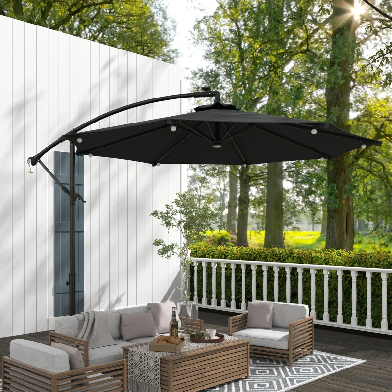 Outsunny 8.8FT Cantilever Patio Umbrella with Solar Powered LED Lights, Crank Handle, Cross Base for Outdoor Sun Shade, Grey