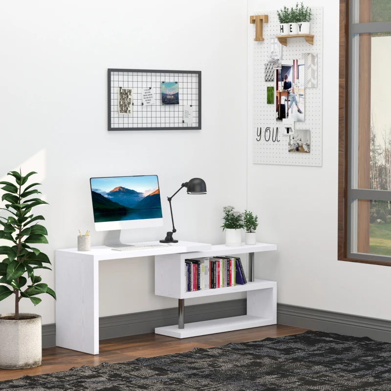 HOMCOM 360 Degree Rotating Corner Computer Desk, L Shaped Desk, Home Office Workstation with 3-Tier Storage Shelves, White