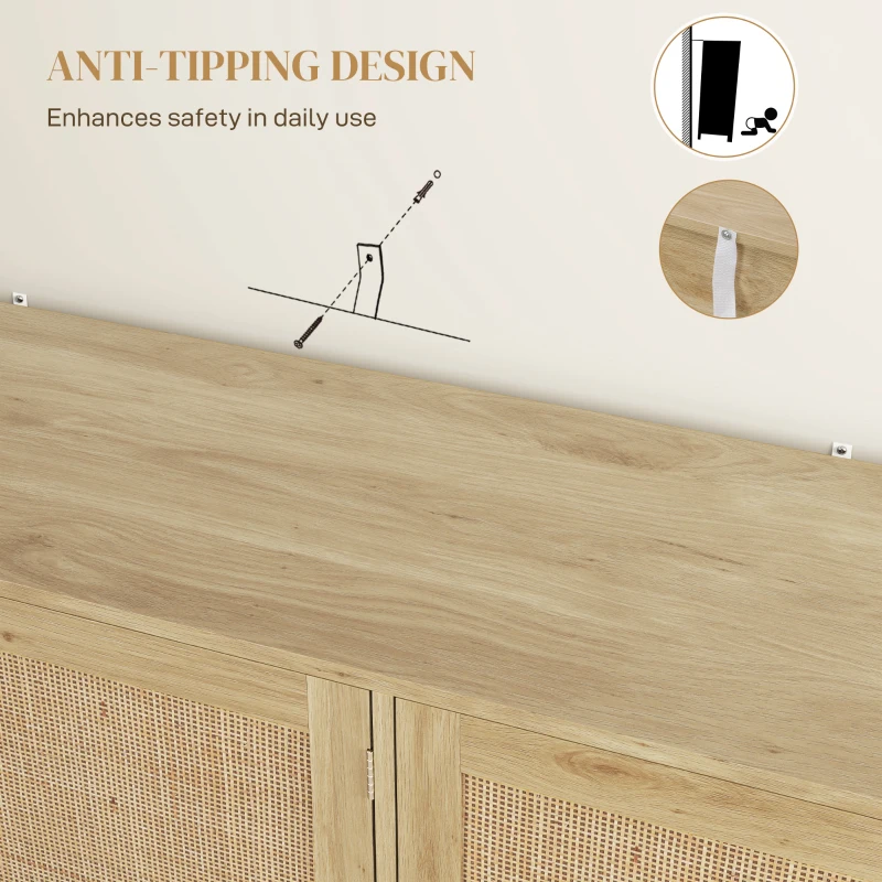 HOMCOM Bohemian Sideboard, 46.9" Buffet Cabinet with 3 Rattan Doors and Shelves for Living Room, Hallway, Oak