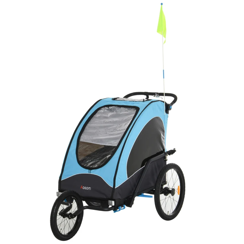 Aosom Child Bike Trailer 3 In1 Foldable Jogger 2-Seater Pushcar Transport Buggy Carrier with Shock Absorber System Rubber Tires Adjustable Handlebar Kid Bicycle Trailer Blue
