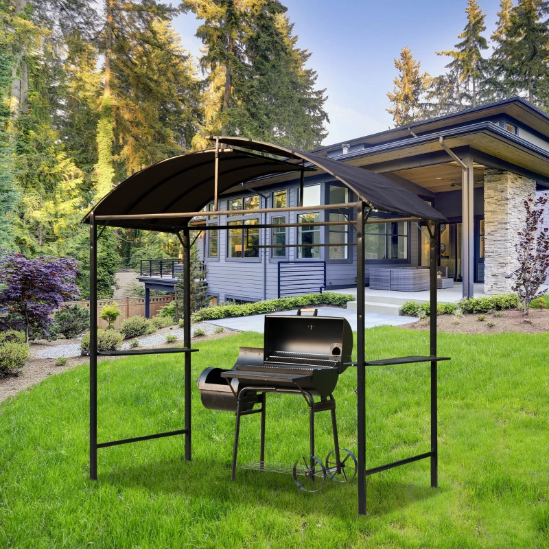 Outsunny 8x4ft BBQ Gazebo Tent Metal Frame Arch Canopy Garden Sunshade Portable Shelter Backyard with Side Shelf Coffee