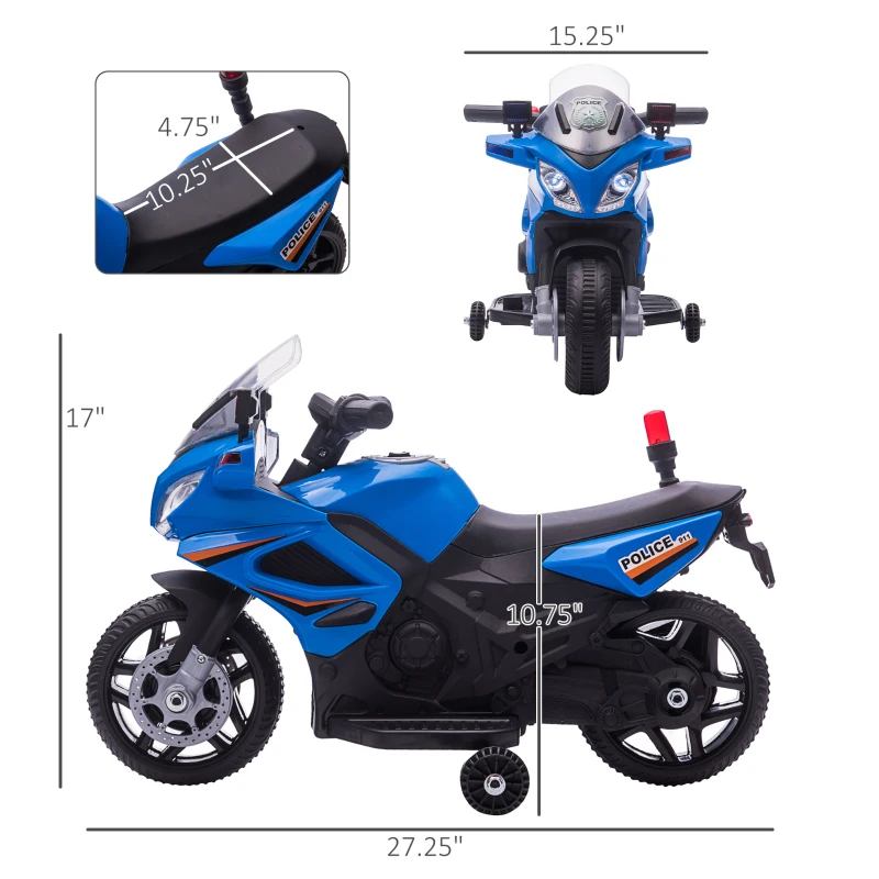Aosom 6V Kids Motorcycle Police Electric Ride-On Dirt Bike Off-road Street Bike Battery Powered Rechargeable Horn Headlights Training Wheels Realistic Sounds for Girls and Boys 18 - 36 months Blue