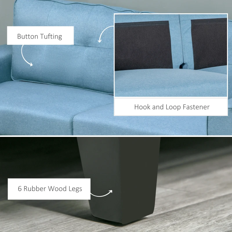 HOMCOM 3-Seater Sofa, Mid-Century Linen Couch with Upholstered Seat, Button-Tufted Back Cushion and Rubber Wood Legs for Living Room, Bedroom, Blue