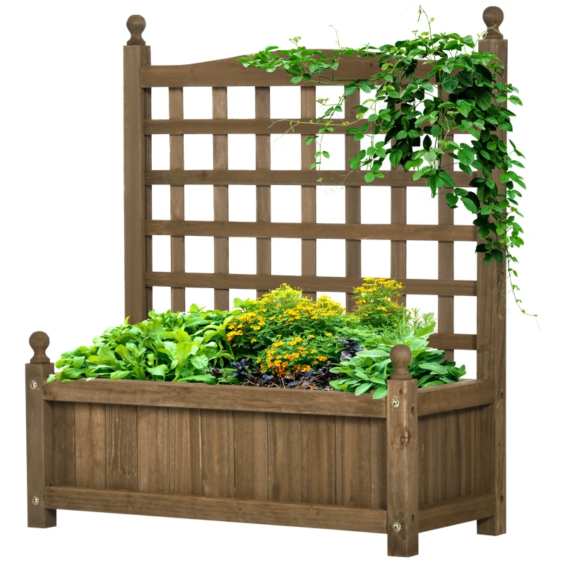Outsunny Garden Planter with Trellis for Climbing Vines, Wood Raised Garden Bed, Planter Box for Garden, Indoor Outdoor, Coffee