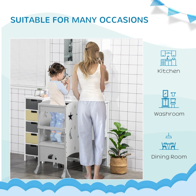 Qaba 2 in 1 Kids Foldable Kitchen Step Stool, Toddler Standing Tower with Chalkboard and Lockable Handrail for Children 3-6 Years Old, Gray