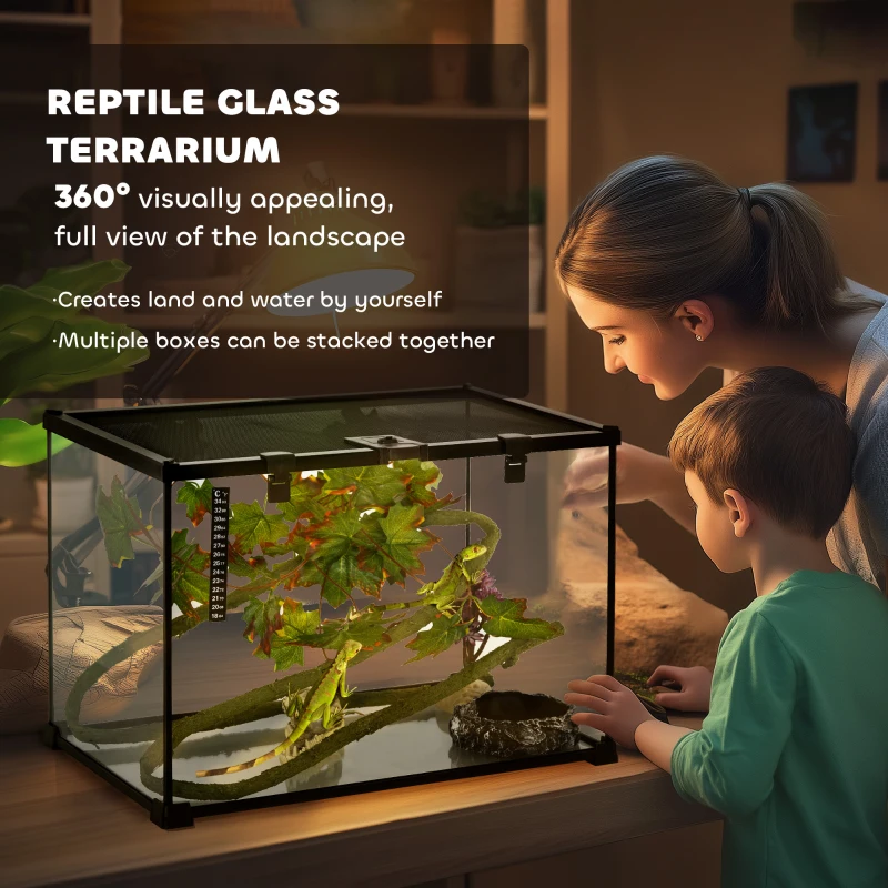 PawHut 14 Gallon Glass Reptile Terrarium Tank, Box Full View with Sliding Screen Top, 20" x 12" x 14", Black