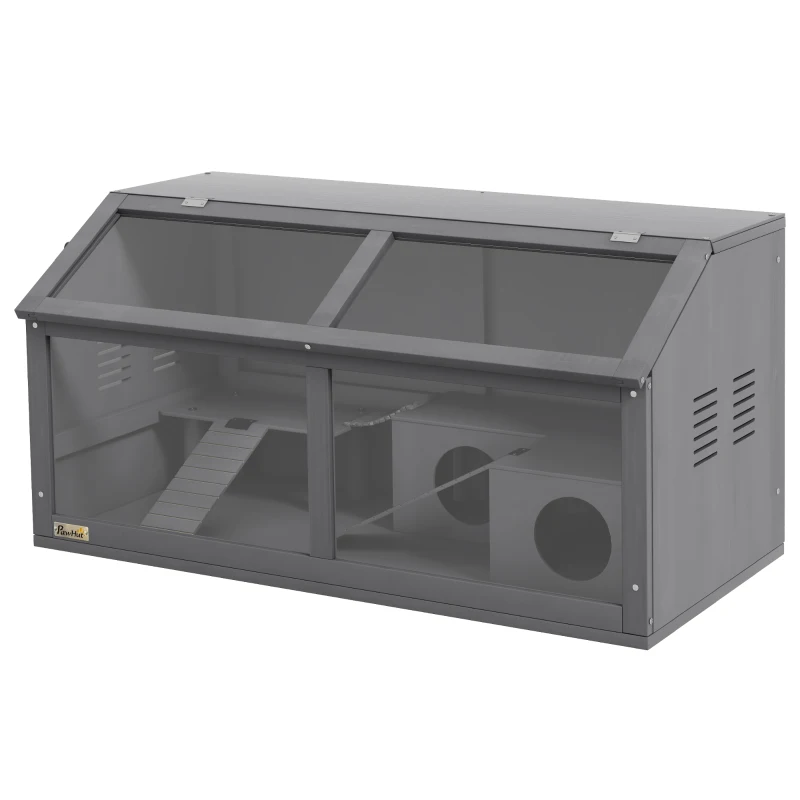 PawHut Rat Cage, Hamster Cage Wooden with Suspension Bridge, Ladders, Openable Top, Hut, Platform, for Gerbils Mice, Dark Grey