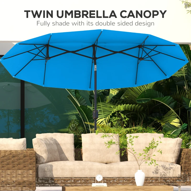 Outsunny Double-sided Patio Umbrella, 9.5' Outdoor Umbrella with Push Button Tilt and Crank, 3 Air Vents and 12 Ribs, Cyan Blue