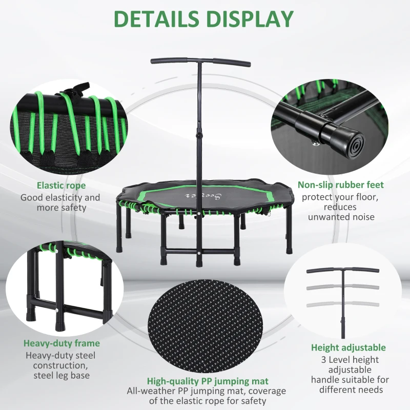Soozier 48" Silent Mini Trampoline with Adjustable Handle Bar Fitness Trampoline Bungee Rebounder Jumping Cardio Trainer Workout for Adults or Teens Jump Exercise Equipment Green